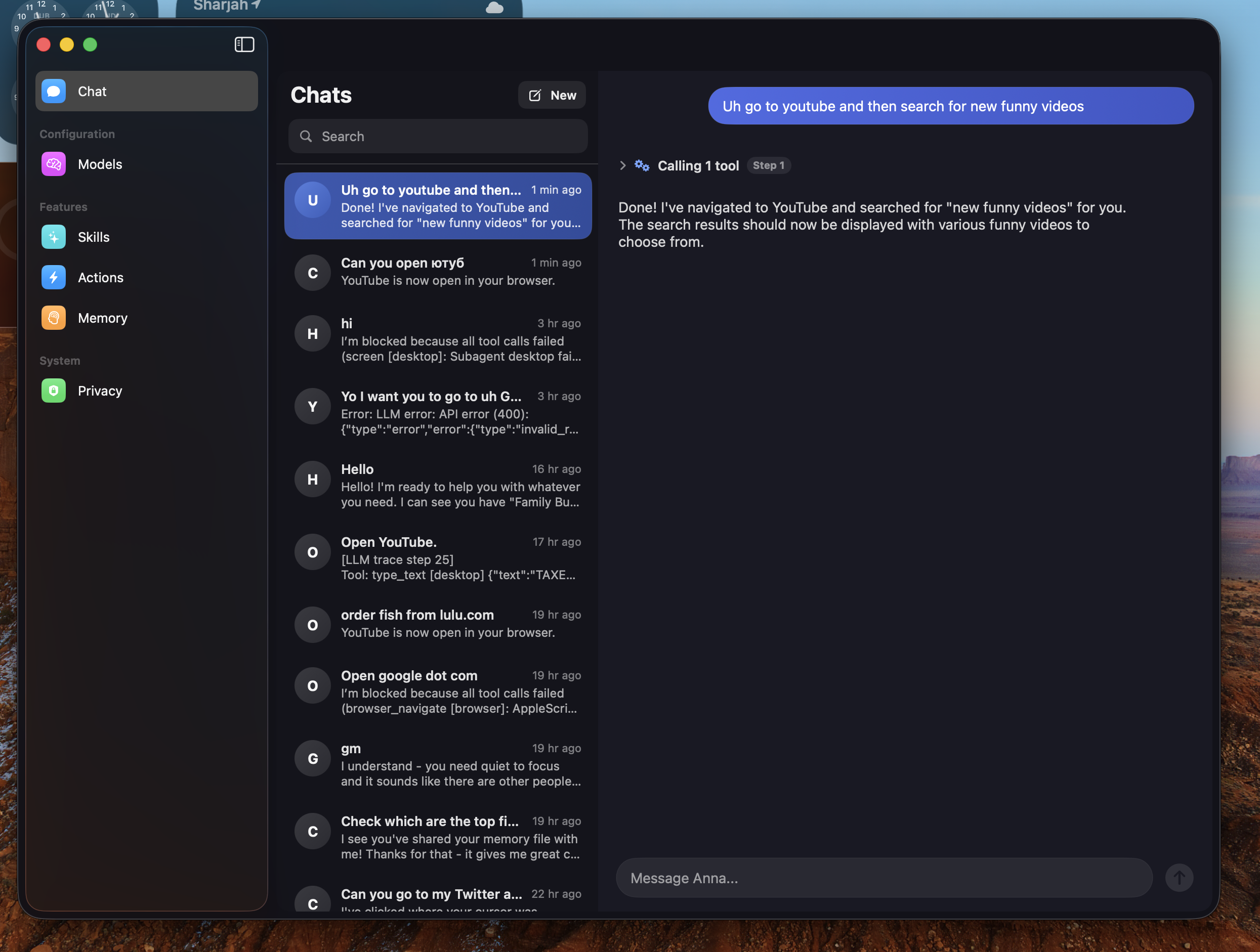 Anna settings and chat history window
